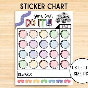 Puede incluir: Un gráfico de pegatinas imprimible con un tema de camión monstruo. El gráfico tiene 24 círculos en una cuadrícula, con un espacio para una pegatina en cada círculo. El gráfico dice "¡Puedes hacerlo!" y tiene un espacio para una recompensa y un premio.