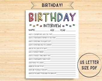 Printable Kids Birthday Interview, Annual Interview, Birthday Keepsake, Instant Download, PDF, Birthday Questions