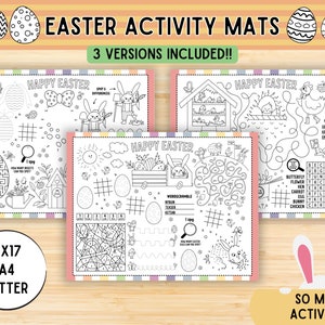 May include: Three black and white printable Easter activity mats with a variety of activities including a maze, word scramble, spot the difference, and a connect the dots. The mats are 11x17 inches and are labeled "Happy Easter".