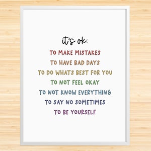 Its Ok Not To Be Ok, Positive Affirmations For Kids, Classroom Art, Motivational Poster, Positive Decor, Playroom, Homeschool Print