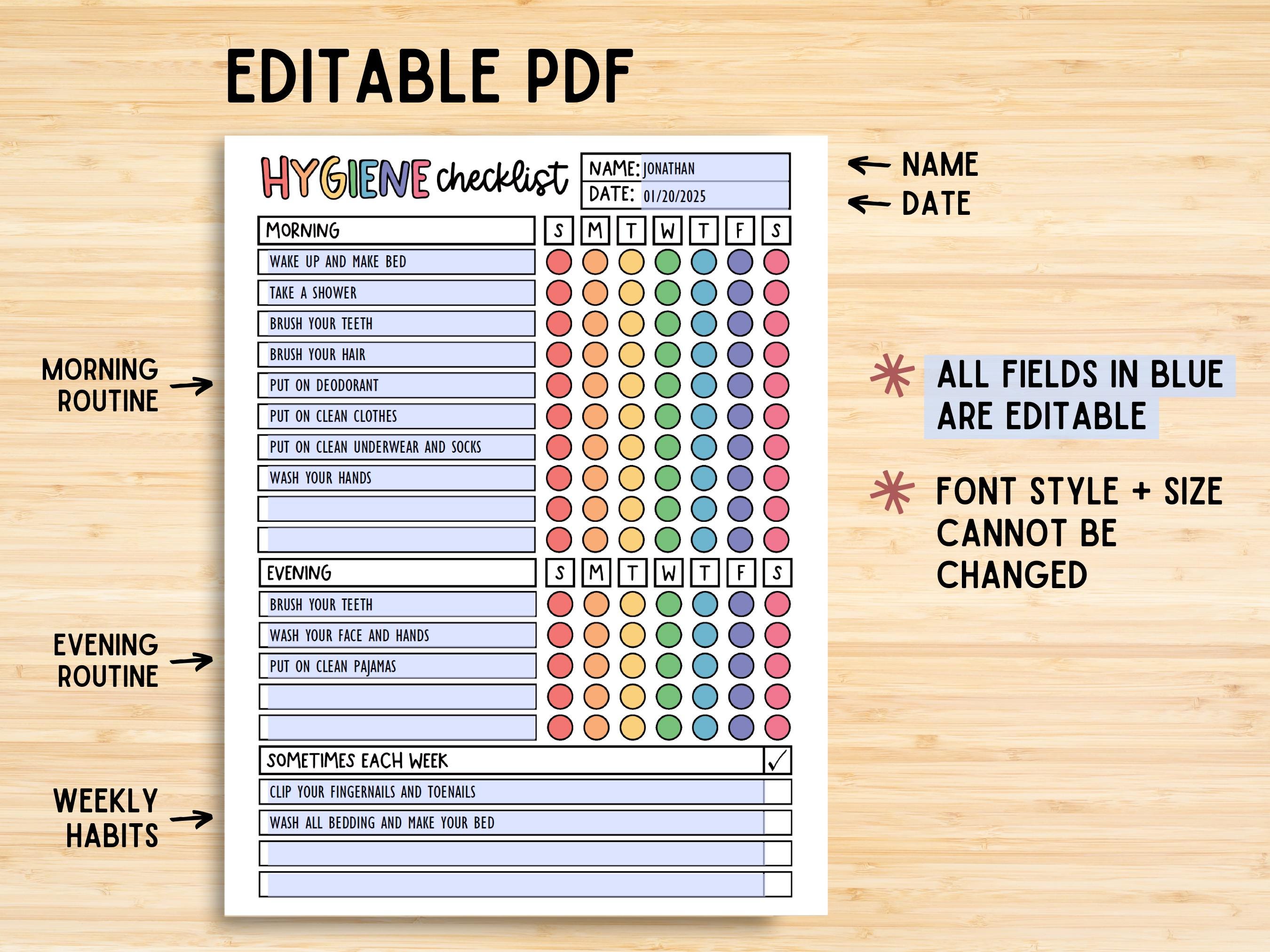 Hygiene Chart for Kids, Kids Hygiene Checklist, Personal Hygiene Poster ...