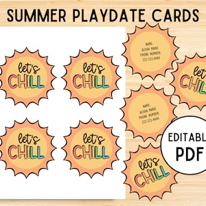 Bearbeitbare Spieldatumskarten für Kindervorlage, Keep in Touch-Karten, Einladung zum Sommerspieldatum, Ende des Schuljahres, Lets Chill-Kontaktkarte