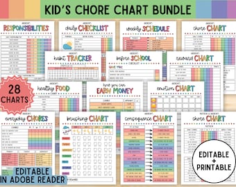 Editable Kids Chore Chart Bundle, Printable Responsibility Chart Bundle, Kids Daily Checklist, Allowance, Screentime, Behavior Reward Chart