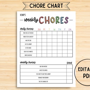 Chore Chart, Printable Editable Daily & Weekly Kids Chore Responsibility Chart, Instant Download, Kids Routine Chart, Digital Download