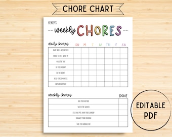 Chore Chart, Printable Editable Daily & Weekly Kids Chore Responsibility Chart, Instant Download, Kids Routine Chart, Digital Download