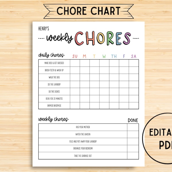 Gráfico de tareas, gráfico de responsabilidad de tareas para niños diario y semanal editable imprimible, descarga instantánea, gráfico de rutina para niños, descarga digital