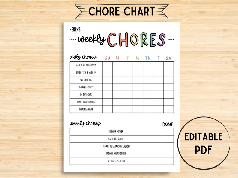 Chore Chart, Printable Editable Daily & Weekly Kids Chore Responsibility Chart, Instant Download, Kids Routine Chart, Digital Download image 1