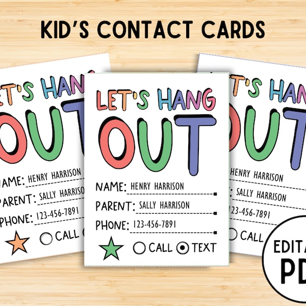 Summer Contact Card, Printable, End of School Cards for Kids, Play Date Calling Card, Business Card, Kids Summer Contact Card, Editable