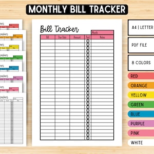 Monthly Bill Tracker Printable, Bill Payment Tracker, Bill Pay Checklist Organizer, Budget Planner Log, A4 A5 Letter, Instant Download