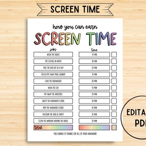 Screen Time Checklist, Editable, Printable, Screen Time Chore Chart, Screen Time Tracker, Screen Time, Chore Checklist, Chore List
