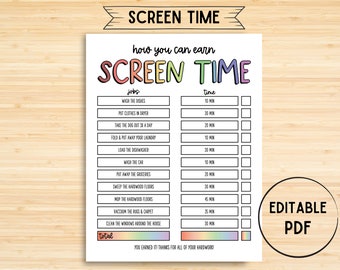 Screen Time Checklist, Editable, Printable, Screen Time Chore Chart, Screen Time Tracker, Screen Time, Chore Checklist, Chore List
