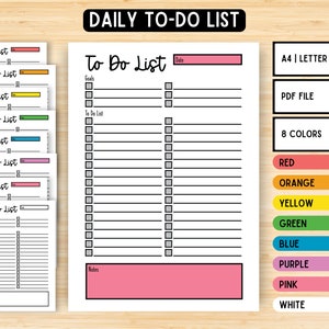 Può includere: Modello di lista di cose da fare giornaliera stampabile in formato PDF. Il modello include una sezione per gli obiettivi, una lista di cose da fare e note. Il modello è disponibile in 8 colori: rosso, arancione, giallo, verde, blu, viola, rosa e bianco.