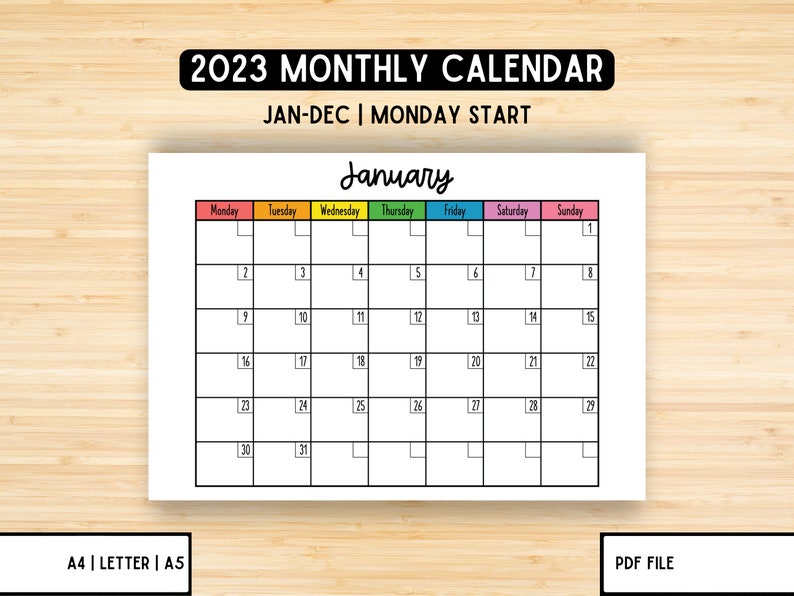 2023 Monthly Calendar Printable Digital Dated Monthly Etsy