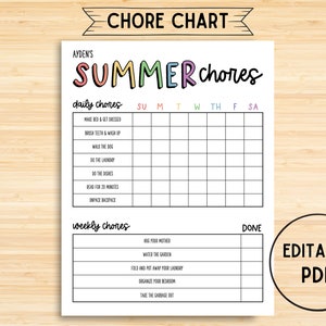 Chore Chart, Printable Editable SUMMER Daily & Weekly Kids Chore Responsibility Chart, Instant Download, Kids Routine Chart, Summer Routine