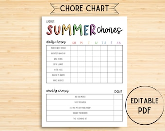 Chore Chart, Printable Editable SUMMER Daily & Weekly Kids Chore Responsibility Chart, Instant Download, Kids Routine Chart, Summer Routine
