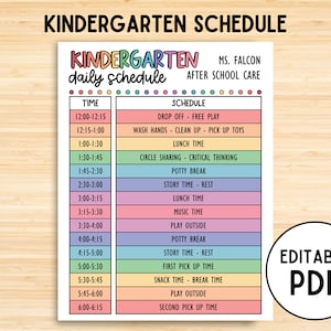 デイケアの毎日のスケジュール、幼稚園、子供の毎日のスケジュール テンプレート、印刷可能な育児、ホームスクールの教室の毎日のルーチン、編集可能な PDF