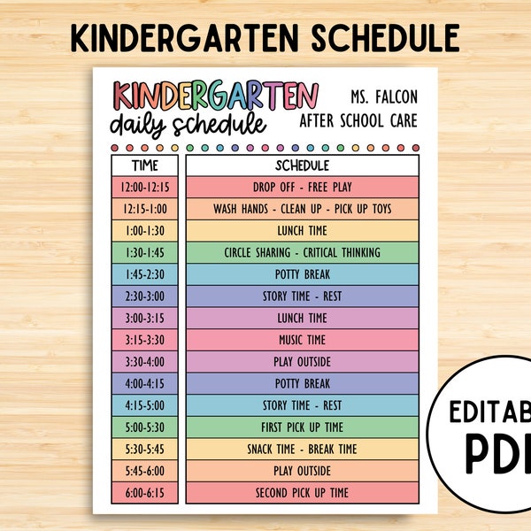 Daycare Daily Schedule, Kindergarten, Kids Daily Schedule Template, Printable Child Care, Homeschool Classroom Daily Routine, Editable PDF