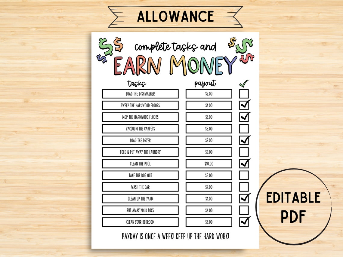 Editable Allowance Chart for Kids Allowance Tracker Editable Etsy
