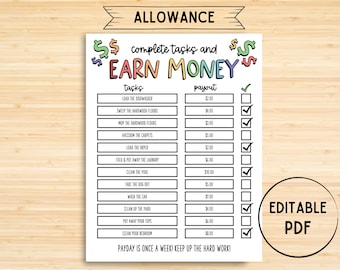 Editable Allowance Chart For Kids, Allowance Tracker, Editable Chore Chart, PDF Incentive chart, Letter Size Instant Download, Behavior