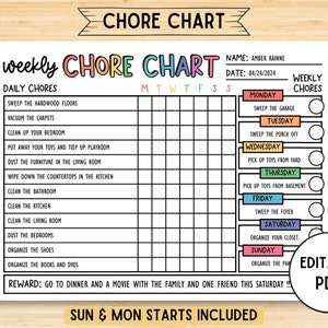 Editable Chore Chart for Kids, Printable, Kids Daily Weekly Responsibility Chart, Kids Chore List, Kids Daily Routine Checklist, Digital PDF