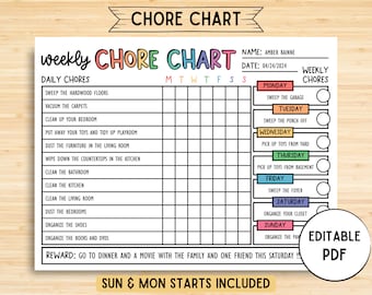 Editable Chore Chart for Kids, Printable, Kids Daily Weekly Responsibility Chart, Kids Chore List, Kids Daily Routine Checklist, Digital PDF
