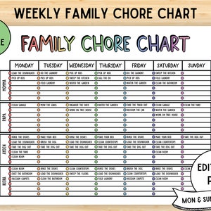 May include: A colourful family chore chart with the text "Weekly Family Chore Chart" and "Family Chore Chart." The chart is designed for 2-5 people and includes a weekly schedule with tasks for each family member, such as "Load the dishwasher" and "Clean the bathroom."
