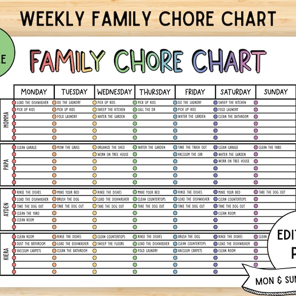 Editable Family Chore Chart, Printable Weekly Chore List, Adults, Kids Chore Chart, Cleaning Planner, Cleaning Schedule, PDF Checklist