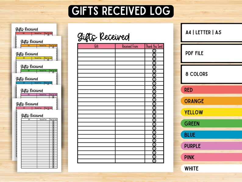 Regali ricevuti, Doccia nuziale o per bambini, Festa di compleanno, Modulo stampabile, Tracker Chart, Registro dei regali, Download istantaneo digitale, Lettera A4 A5 immagine 1