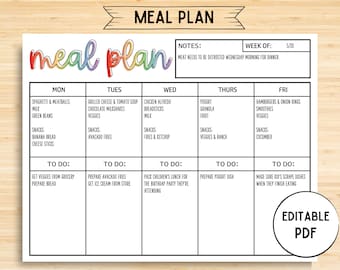 Editable Menu Planner, Printable Meal Planner, Grocery List and Notes, Printable Menu, Weekly Meal Planner, Letter Size PDF