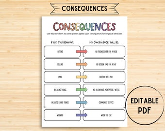 Bearbeitbares Verhaltenskonsensdiagramm PDF, Konsequenz für meine eigene Aktion, Konsequenz Autismus, Vertrag, Bildung, visuelle Folgen