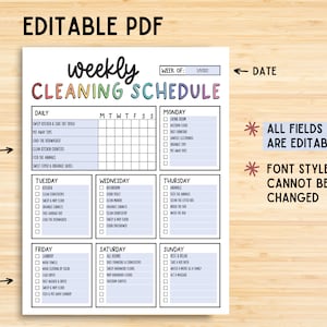 Puede incluir: Plan de limpieza semanal imprimible PDF editable con tareas diarias y semanales. El horario est&aacute; dividido en secciones para cada d&iacute;a de la semana, con casillas de verificaci&oacute;n para tareas como barrer la cocina, limpiar el ba&ntilde;o y lavar la ropa. El texto "Todos los campos en azul son editables" y "El estilo y el tama&ntilde;o de la fuente no se pueden cambiar" est&aacute; incluido.