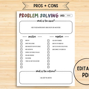 Problem Solving Sheet, Pro and Con List, Decision Maker, Household Checklist, Life Decisions, Printable Pro/Con list, Positive & Negatives