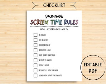 Bildschirmzeit Checkliste Sommer, bearbeitbar, druckbar, Bildschirmzeit Aufgabendiagramm, Bildschirmzeit-Tracker, Bildschirmzeit, Aufgabencheckliste, Aufgabenliste