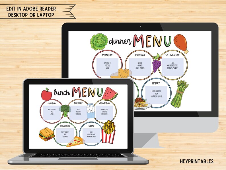 Editable Kids Breakfast, Lunch, Dinner Planner, Meal Weekly Planner ...