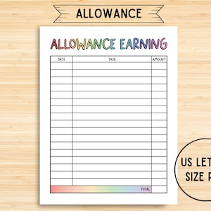 Printable Kids Allowance Earning Chart, Childrens allowance log, Pocket Money Tracker, Kids Finance Planner, Responsibilities, Letter