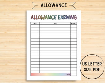 Printable Kids Allowance Earning Chart, Childrens allowance log, Pocket Money Tracker, Kids Finance Planner, Responsibilities, Letter