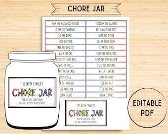 May include: Printable chore jar template with a black and white illustration of a glass jar with a label that says "The Ikuta Family's Chore Jar". The label has a rainbow colored border. The template includes a list of chores for kids to choose from, such as "Clean the windows", "Do the dishes", "Take the dog out", "Wash the car", "Wipe up spills", "Dry dishes", "Hang clothes", "Feed the cat", "Feed the dog", and "Clean clothes". The template is labeled "Editable PDF".
