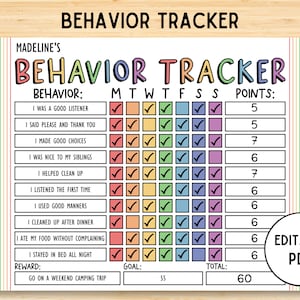 Verhaltens-Belohnungskarte für Kinder, Verhaltens-Tracker für Kinder, Karte für gutes Behaviour, Kinder-Verhaltenskarte, Zuhause, Klassenzimmer, bearbeitbar druckbar