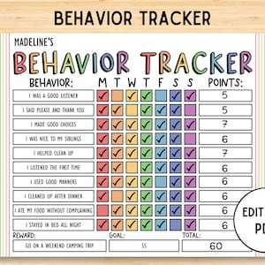 Behavior Reward Chart for Kids, Behavior Tracker for Kids, Good Behavior Chart, Children Behavior Chart, Home, Classroom, Editable Printable