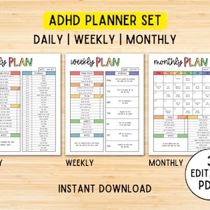 Editable ADHD Planner Printable Set, Daily Planner, Weekly Planner, Monthly Planner, Productivity Planner, Letter Size Printable PDF
