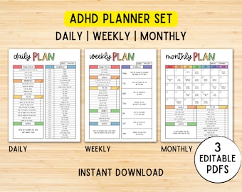 Editable ADHD Planner Printable Set, Daily Planner, Weekly Planner, Monthly Planner, Productivity Planner, Letter Size Printable PDF
