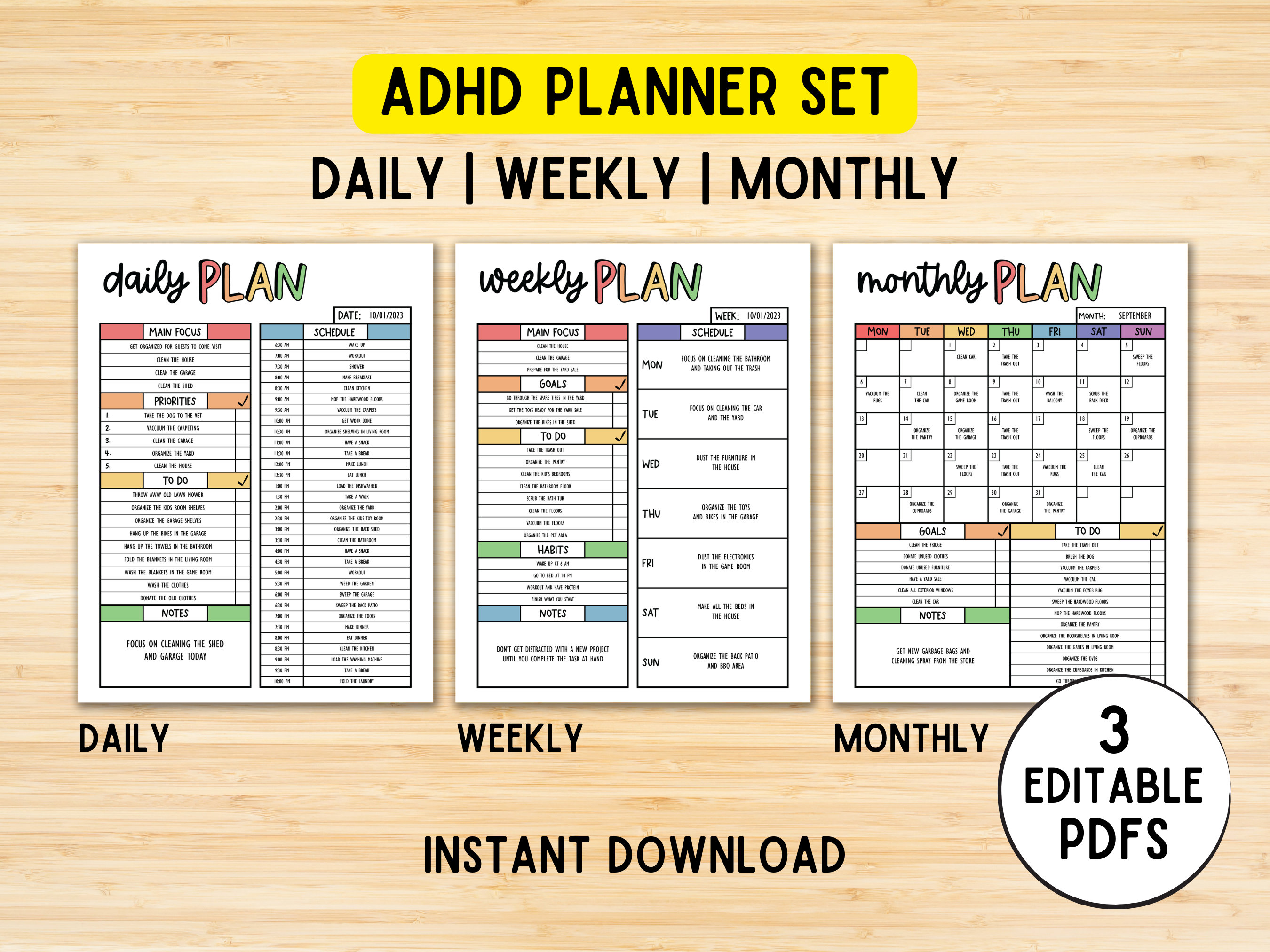 Editable ADHD Planner Printable Set, Daily Planner, Weekly Planner ...