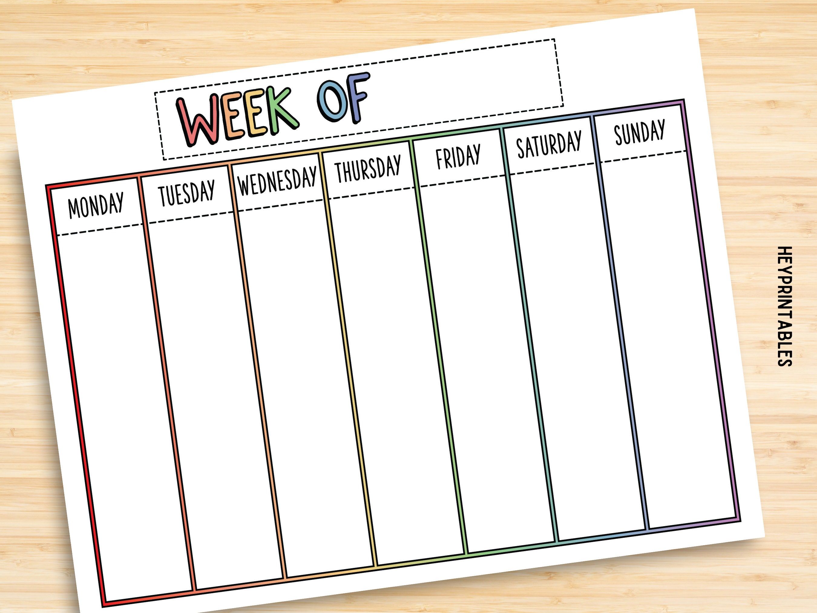 Printable Editable Weekly Calendar, 11x8.5, Letter Size Rainbow ...