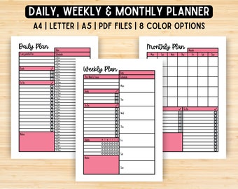 Daily Planner, Weekly Planner, Monthly Planner, Printable, Digital, Work Tracker, Planner Inserts Set, Instant Download, A4, A5, Letter