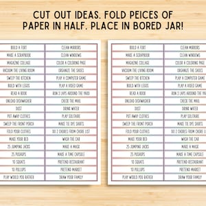 Pode incluir: Uma lista de atividades imprim&iacute;vel para um frasco anti-t&eacute;dio com listras coloridas. A lista inclui atividades como construir um forte, limpar espelhos, fazer um &aacute;lbum de recortes e jogar um videogame. O texto "HEYPRINTABLES" est&aacute; no canto superior direito.