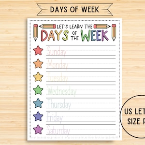 Aprenda los días de la semana, hoja de trabajo de escritura imprimible, practique la escritura a mano, actividad imprimible de educación en el hogar, jardín de infantes, preescolar, preescolar, PDF