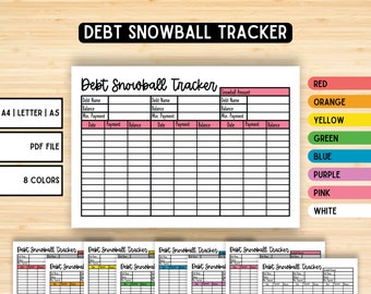 Puede incluir: Hoja de trabajo de seguimiento de la bola de nieve de la deuda imprimible con columnas para el nombre de la deuda, el saldo, el pago mínimo, la fecha, el pago y el saldo. La hoja de trabajo está en blanco y negro con encabezados rosas. Los colores rojo, naranja, amarillo, verde, azul, morado, rosa y blanco están listados en el lado derecho de la página.