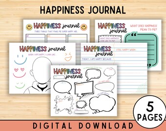 May include: Five printable pages of a happiness journal with colorful illustrations and prompts for self-reflection. The journal includes prompts such as "What does happiness mean to me?" and "Three things that make me super happy are..."