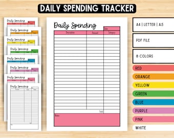 May include: Printable daily spending tracker template in PDF format. The template has columns for description, amount, date, and category. It also includes a notes section and a total row. The template is available in 8 colors: red, orange, yellow, green, blue, purple, pink, and white.