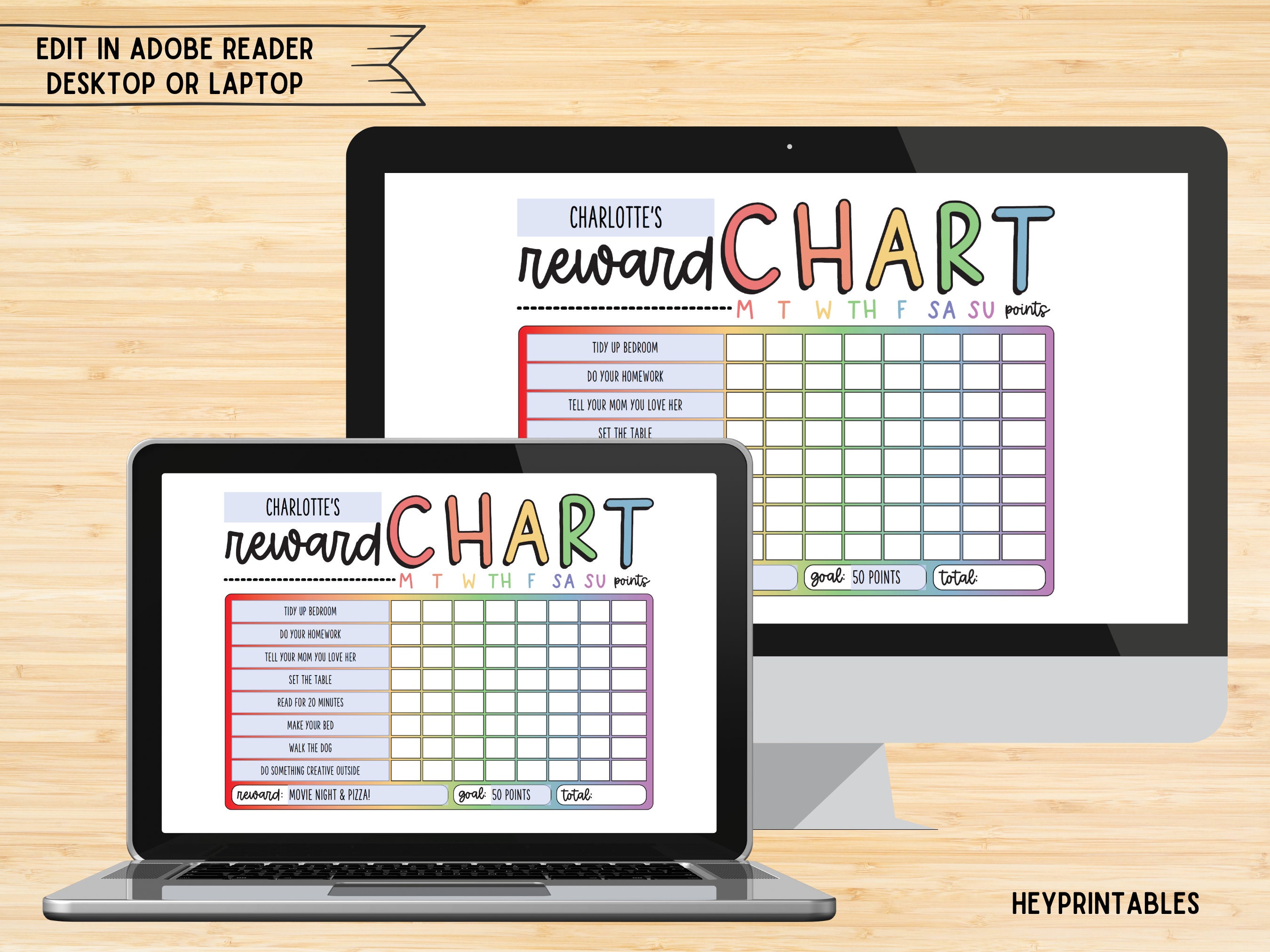 Reward Chart, Printable Editable Weekly Kids Chore and Reward Chart ...